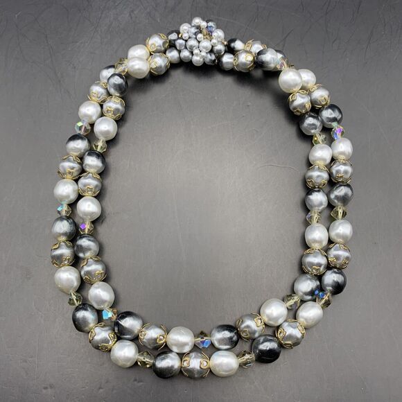 Gray Faux Pearl Beaded Multi Strand Necklace Aurora Borealis Japan Vintage - Picture 5 of 7